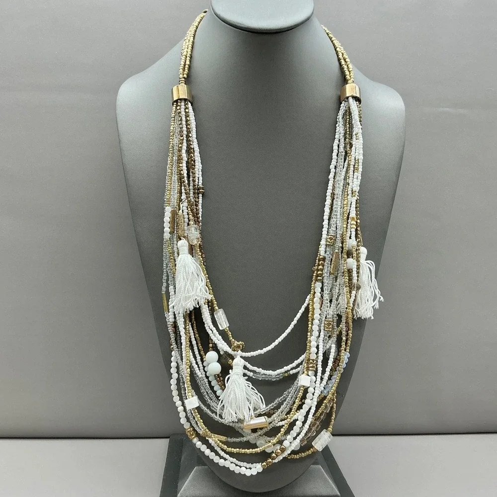 Chico's Necklace NWT White Gold Multi Strand Seed Bead Tassel Statement Jewelry